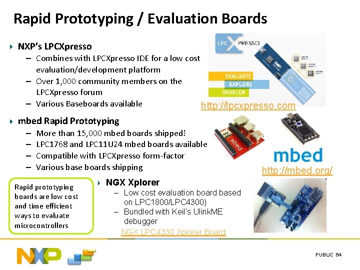 Rapid Prototyping / Evaluation Boards NXP’s LPCXpresso – Combines with LPCXpresso IDE for a