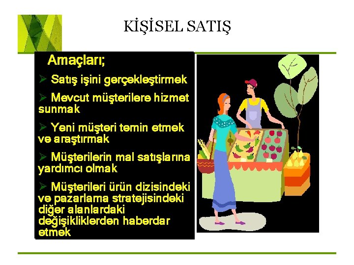 KİŞİSEL SATIŞ Amaçları; Ø Satış işini gerçekleştirmek Ø Mevcut müşterilere hizmet sunmak Ø Yeni