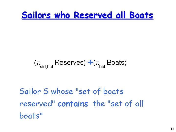 Sailors who Reserved all Boats ( sid, bid Reserves) ( bid Boats) Sailor S
