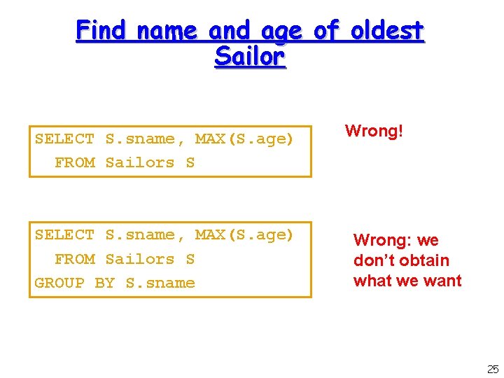 Find name and age of oldest Sailor SELECT S. sname, MAX(S. age) FROM Sailors