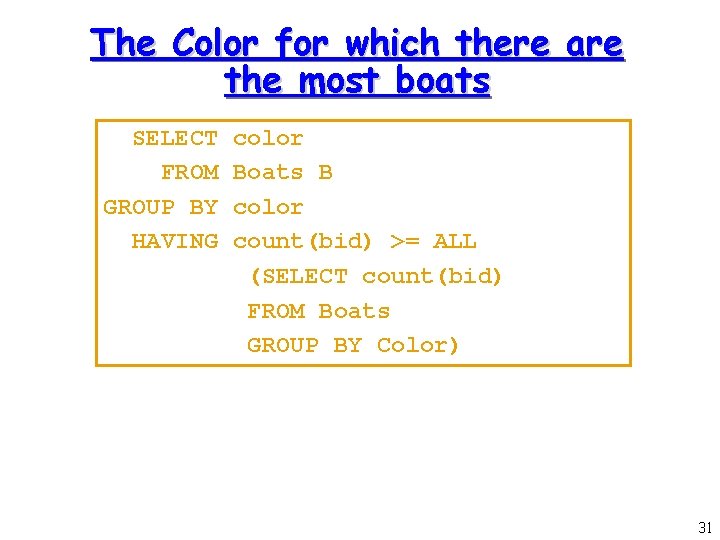 The Color for which there are the most boats SELECT FROM GROUP BY HAVING