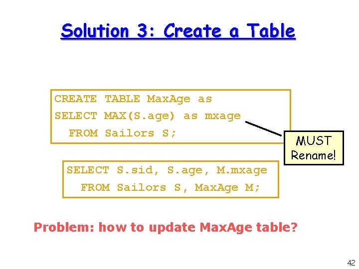 Solution 3: Create a Table CREATE TABLE Max. Age as SELECT MAX(S. age) as