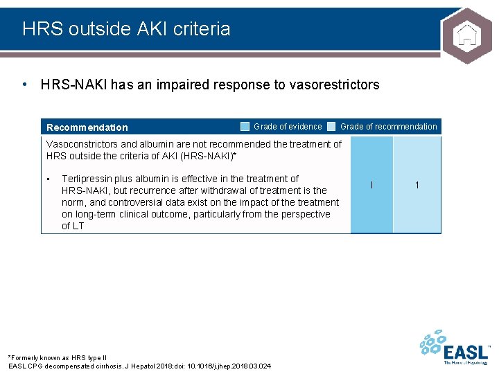 HRS outside AKI criteria • HRS-NAKI has an impaired response to vasorestrictors Recommendation Grade