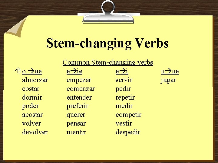 Stem-changing Verbs 8 o ue almorzar costar dormir poder acostar volver devolver Common Stem-changing