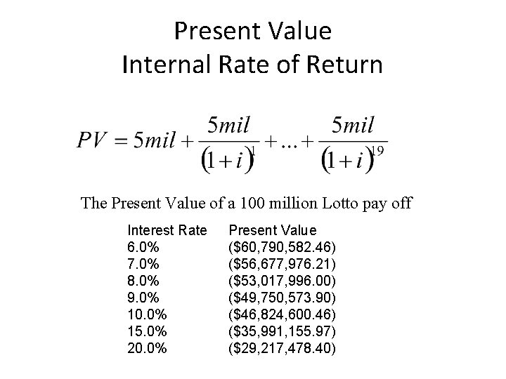 Present Value Internal Rate of Return The Present Value of a 100 million Lotto