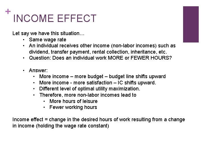 + INCOME EFFECT Let say we have this situation… • Same wage rate •
