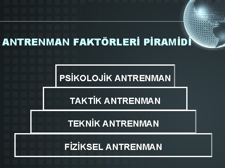 ANTRENMAN FAKTÖRLERİ PİRAMİDİ PSİKOLOJİK ANTRENMAN TAKTİK ANTRENMAN TEKNİK ANTRENMAN FİZİKSEL ANTRENMAN 