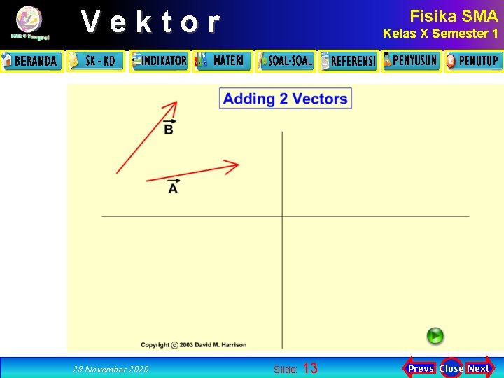 Vektor 28 November 2020 Fisika SMA Kelas X Semester 1 Slide: 13 Prevs Close