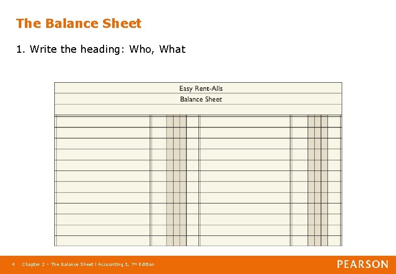 The Balance Sheet 1. Write the heading: Who, What 4 Chapter 2 – The