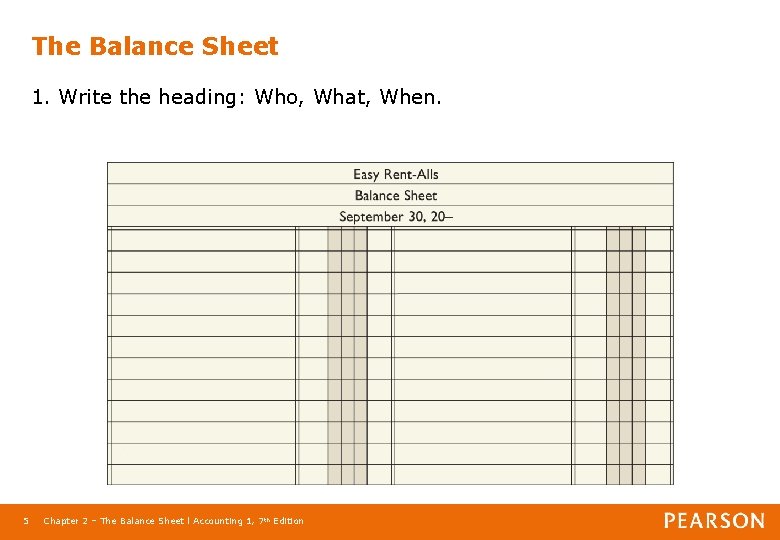 The Balance Sheet 1. Write the heading: Who, What, When. 5 Chapter 2 –