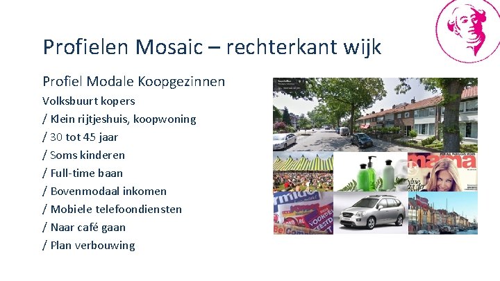 Profielen Mosaic – rechterkant wijk Profiel Modale Koopgezinnen Volksbuurt kopers / Klein rijtjeshuis, koopwoning