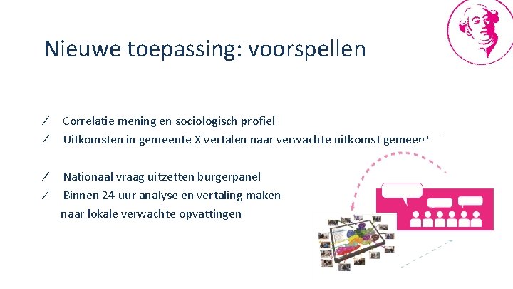 Nieuwe toepassing: voorspellen ∕ ∕ Correlatie mening en sociologisch profiel Uitkomsten in gemeente X