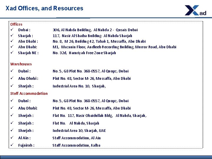 Xad Offices, and Resources Offices ü Dubai : ü Sharjah : ü Abu Dhabi: