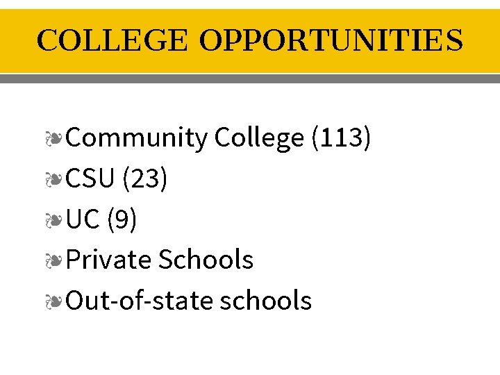 COLLEGE OPPORTUNITIES ❧Community College (113) ❧CSU (23) ❧UC (9) ❧Private Schools ❧Out-of-state schools 
