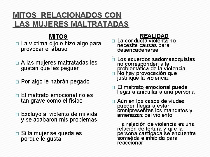 MITOS RELACIONADOS CON LAS MUJERES MALTRATADAS � � MITOS La víctima dijo o hizo