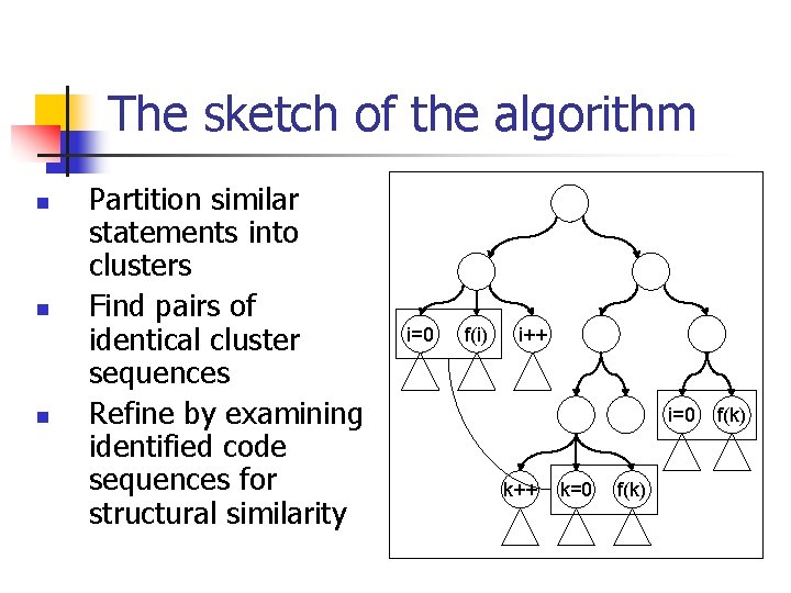 The sketch of the algorithm n n n Partition similar statements into clusters Find