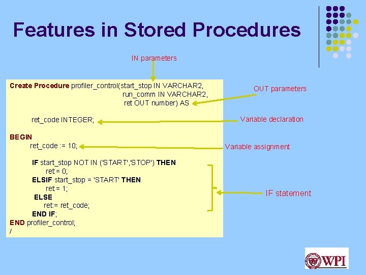 Features in Stored Procedures IN parameters Create Procedure profiler_control(start_stop IN VARCHAR 2, run_comm IN Features in Stored Procedures IN parameters Create Procedure profiler_control(start_stop IN VARCHAR 2, run_comm IN