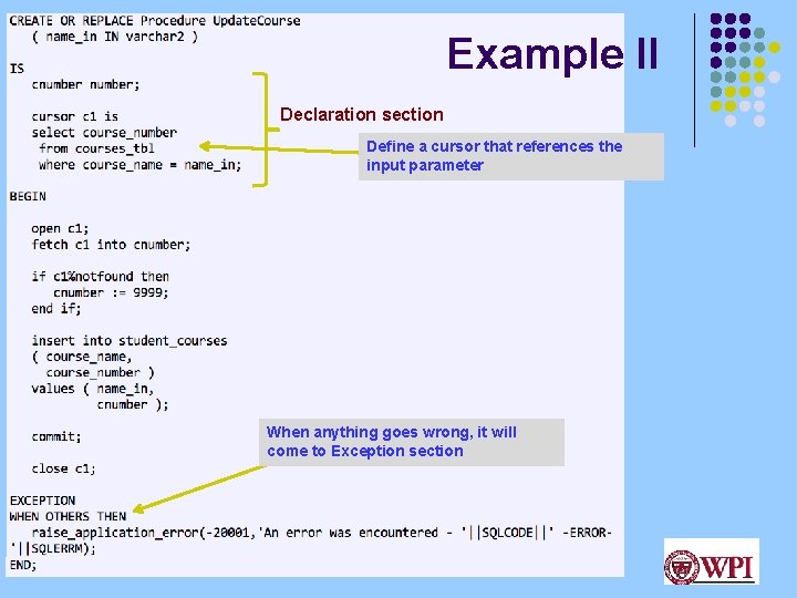 Example II Declaration section Define a cursor that references the input parameter When anything Example II Declaration section Define a cursor that references the input parameter When anything