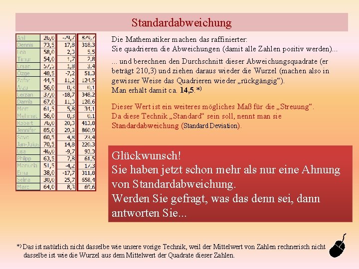Standardabweichung Die Mathematiker machen das raffinierter: Sie quadrieren die Abweichungen (damit alle Zahlen positiv