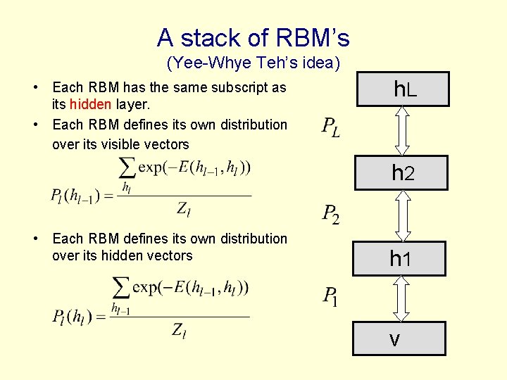 A stack of RBM’s (Yee-Whye Teh’s idea) • Each RBM has the same subscript