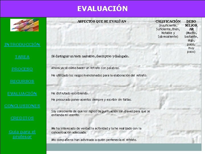 EVALUACIÓN ASPECTOS QUE SE EVALÚAN CALIFICACIÓN (Insuficiente, Suficiente, Bien, Notable y Sobresaliente) Sé distinguir