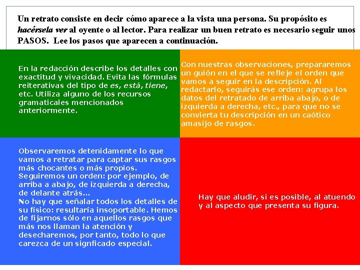 Un retrato consiste en decir cómo aparece a la vista una persona. Su propósito