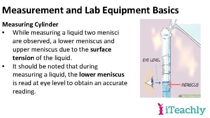 Measurement and Lab Equipment Basics Measuring Cylinder • While measuring a liquid two menisci