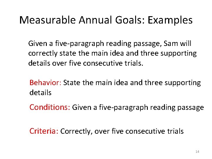 Measurable Annual Goals: Examples Given a five-paragraph reading passage, Sam will correctly state the