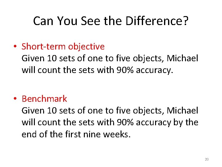 Can You See the Difference? • Short-term objective Given 10 sets of one to