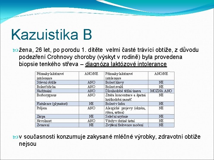Kazuistika B žena, 26 let, po porodu 1. dítěte velmi časté trávící obtíže, z