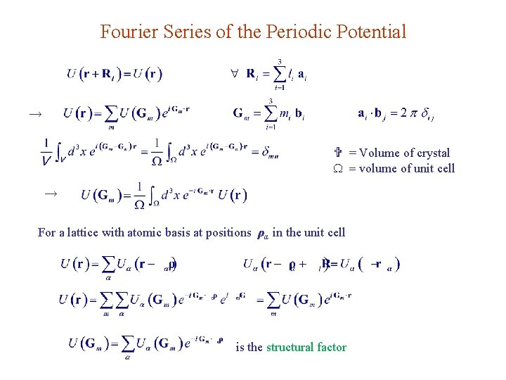 Fourier Series of the Periodic Potential → V = Volume of crystal volume of