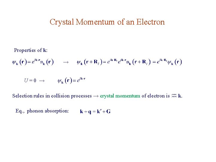 Crystal Momentum of an Electron Properties of k: → U=0 → Selection rules in