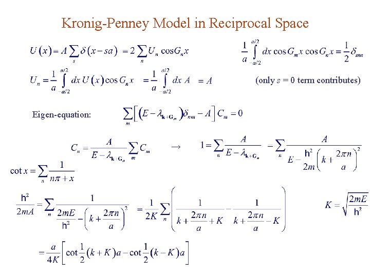 Kronig-Penney Model in Reciprocal Space (only s = 0 term contributes) Eigen-equation: → 