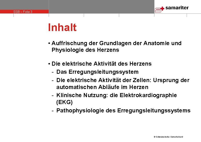 SSB – Folie 3 Inhalt • Auffrischung der Grundlagen der Anatomie und Physiologie des