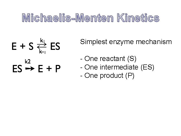 Michaelis-Menten Kinetics Simplest enzyme mechanism - One reactant (S) - One intermediate (ES) -