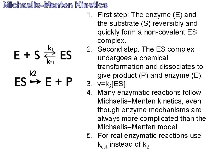 Michaelis-Menten Kinetics 1. First step: The enzyme (E) and the substrate (S) reversibly and