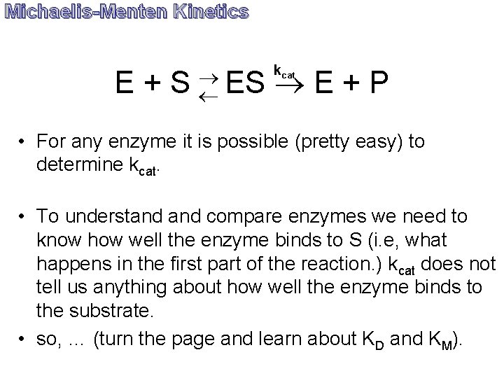 Michaelis-Menten Kinetics E+S ES kcat E+P • For any enzyme it is possible (pretty