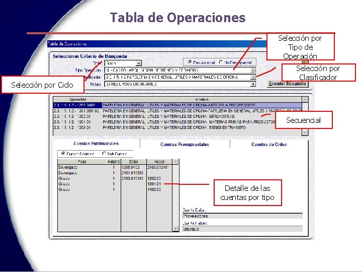 Tabla de Operaciones Selección por Tipo de Operación Selección por Clasificador Selección por Ciclo