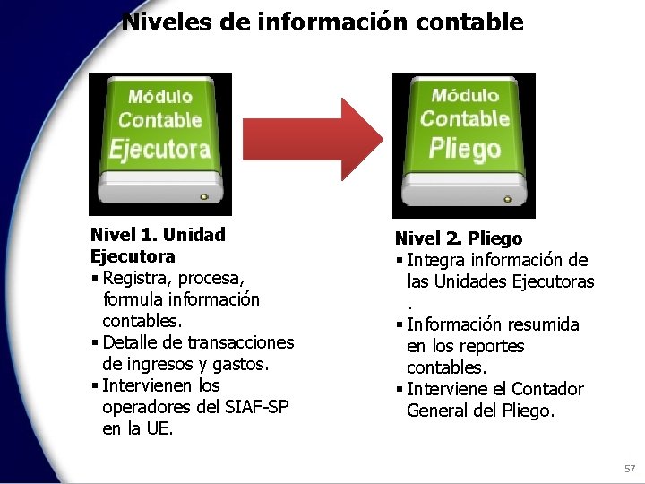 Niveles de información contable Nivel 1. Unidad Ejecutora § Registra, procesa, formula información contables.