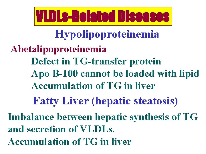 VLDLs-Related Diseases Hypolipoproteinemia Abetalipoproteinemia Defect in TG-transfer protein Apo B-100 cannot be loaded with