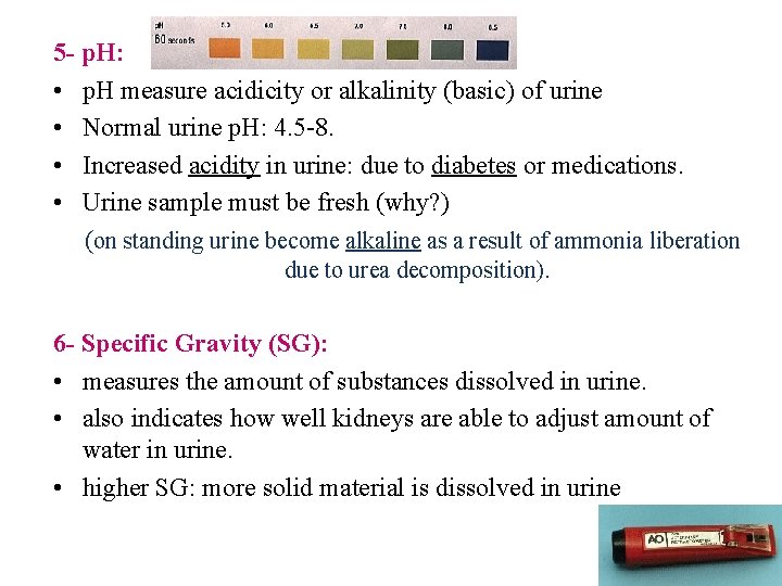 5 - p. H: • p. H measure acidicity or alkalinity (basic) of urine 5 - p. H: • p. H measure acidicity or alkalinity (basic) of urine