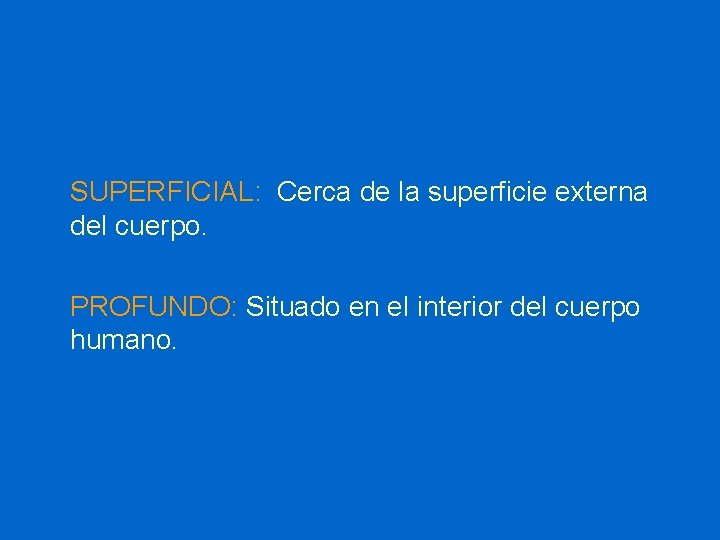 SUPERFICIAL: Cerca de la superficie externa del cuerpo. PROFUNDO: Situado en el interior del