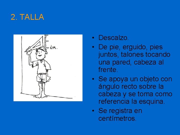 2. TALLA • Descalzo. • De pie, erguido, pies juntos, talones tocando una pared,