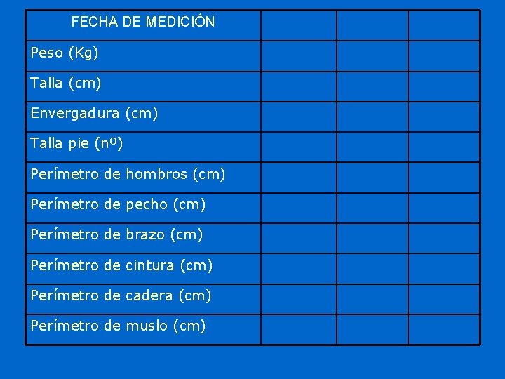 FECHA DE MEDICIÓN Peso (Kg) Talla (cm) Envergadura (cm) Talla pie (nº) Perímetro de