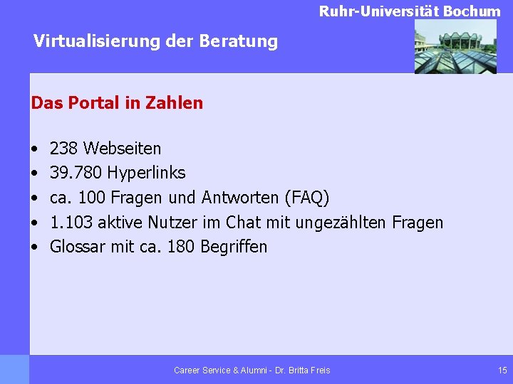 Ruhr-Universität Bochum Virtualisierung der Beratung Das Portal in Zahlen • • • 238 Webseiten