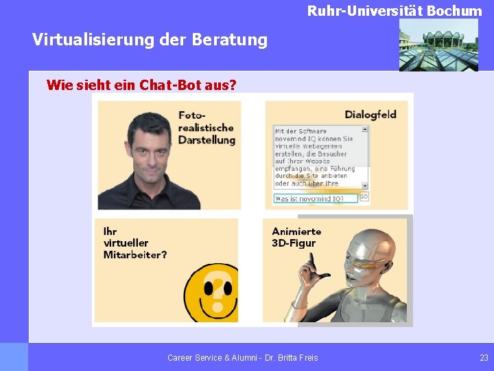 Ruhr-Universität Bochum Virtualisierung der Beratung Wie sieht ein Chat-Bot aus? Career Service & Alumni
