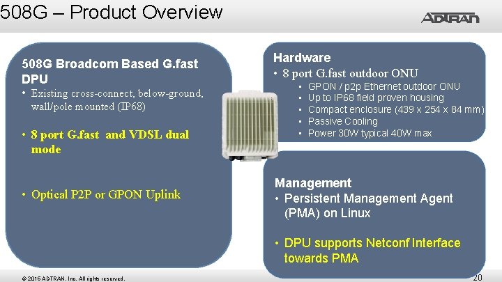 508 G – Product Overview 508 G Broadcom Based G. fast DPU • Existing