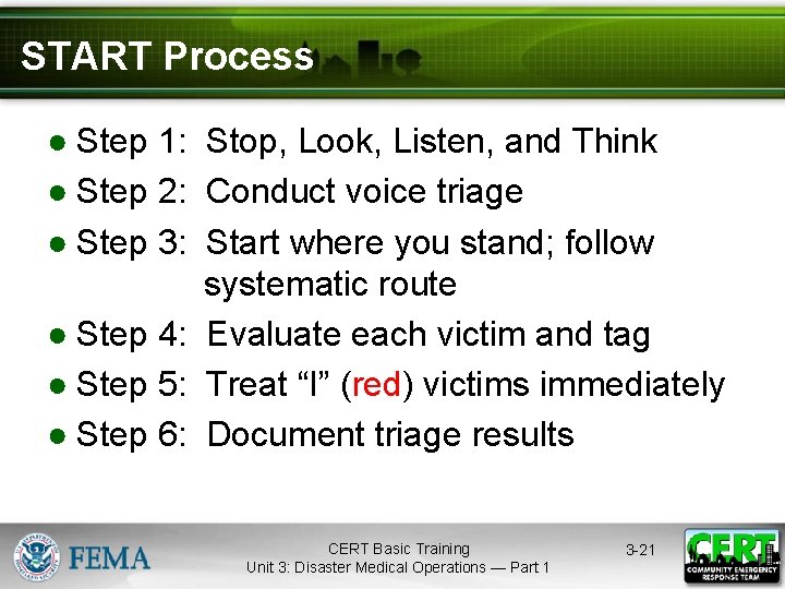 START Process ● Step 1: Stop, Look, Listen, and Think ● Step 2: Conduct