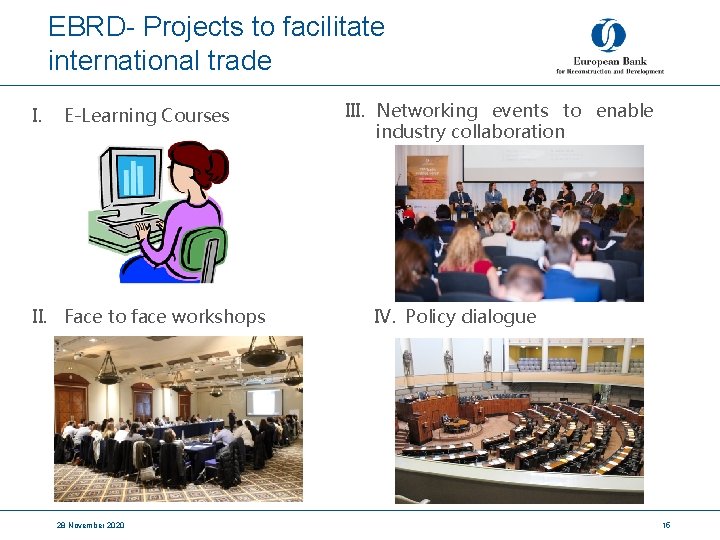 EBRD- Projects to facilitate international trade I. E-Learning Courses II. Face to face workshops