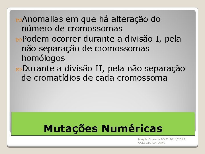  Anomalias em que há alteração do número de cromossomas Podem ocorrer durante a